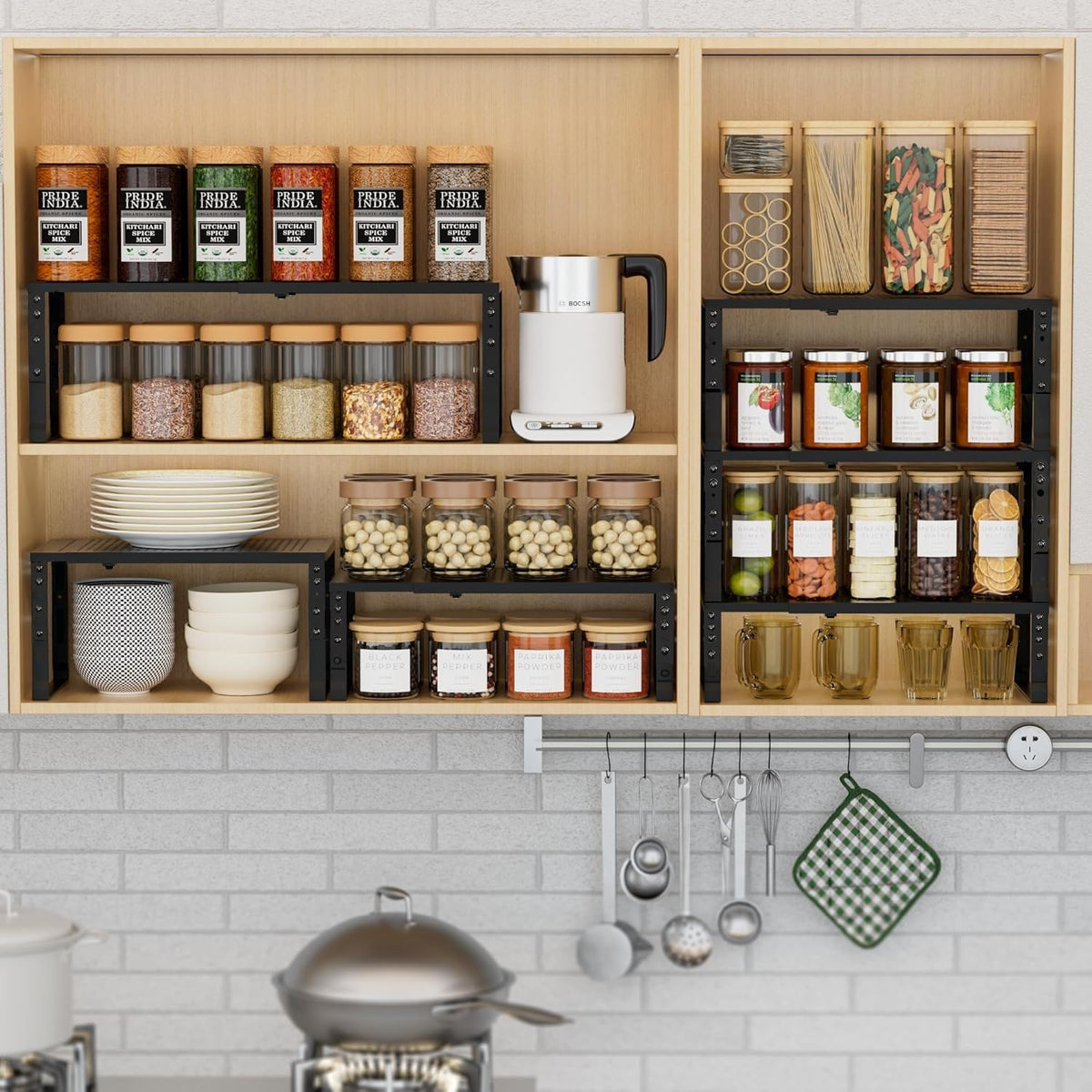 Wobmmi Expandable Spice Rack Kitchen Cabinet Shelf Organizer, Stackable Storage Shelves Racks, Adjustable Counter Shelving for Cabinets, Countertop, Cupboard,Pantry and More(3Packs/White/Medium)