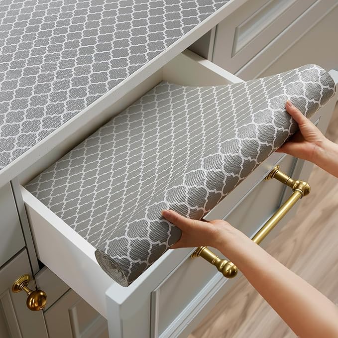 Shelf and Drawer Liner for Kitchen Cabinets Non-Adhesive, Strong Grip Non-Slip Thickened Cabinet Liners for Shelves, Waterproof Mats for Dresser Cupboard, Gray, 23 in x 20 Feet