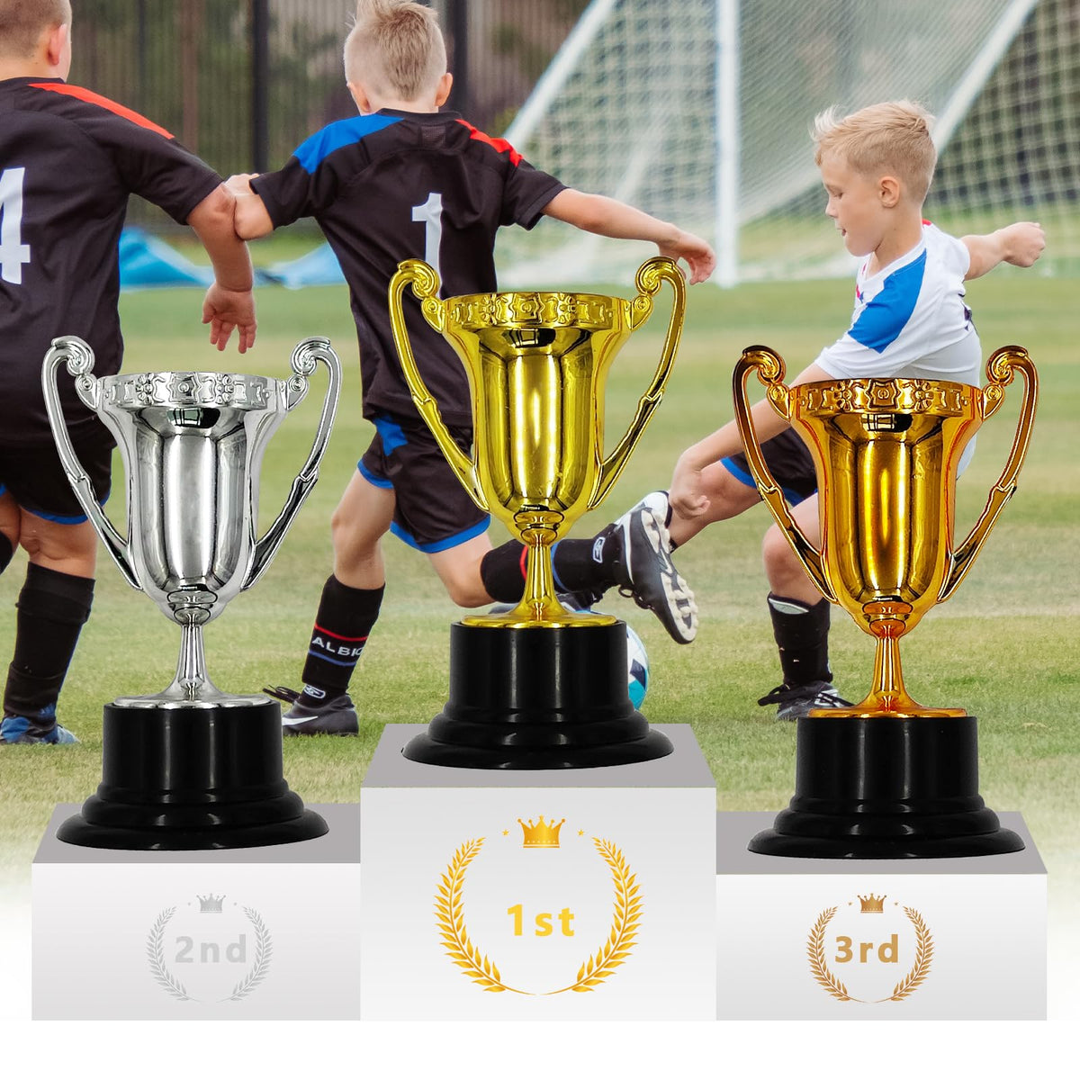 HOPELJ Kids Mini Award Trophy Cups - Pack of 6 Bulk - Plastic Gold Silver Bronze Award Trophies Set for Kids for Party Favors, Props, Rewards, Winning Prizes, Competitions