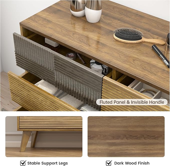 Hadulcet Wood Dressers for Bedroom 34” Tall, Large 8 Drawer Dresser TV Stand, Modern Chest of Drawers Closet Clothes Storage Organizer with Fluted Panel, No Handles Design, Dark Wood