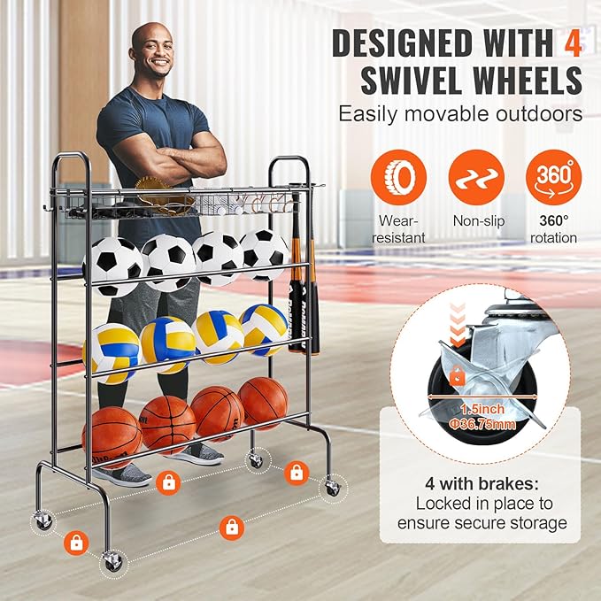 VEVOR Rolling Sports Ball Storage Cart, Lockable Basketball Cage with Double Lids, Sport Equipment Holder Organizer for Indoor Outdoor, Steel Storage Rack for Garages, Playgroup, Gym and Schools