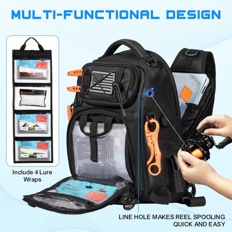 BAIXIXIG 18L Fishing Sling Bag with Removable Lure Wraps and Rod & Beverage Holder, Tackle Bag for Fishing Gear