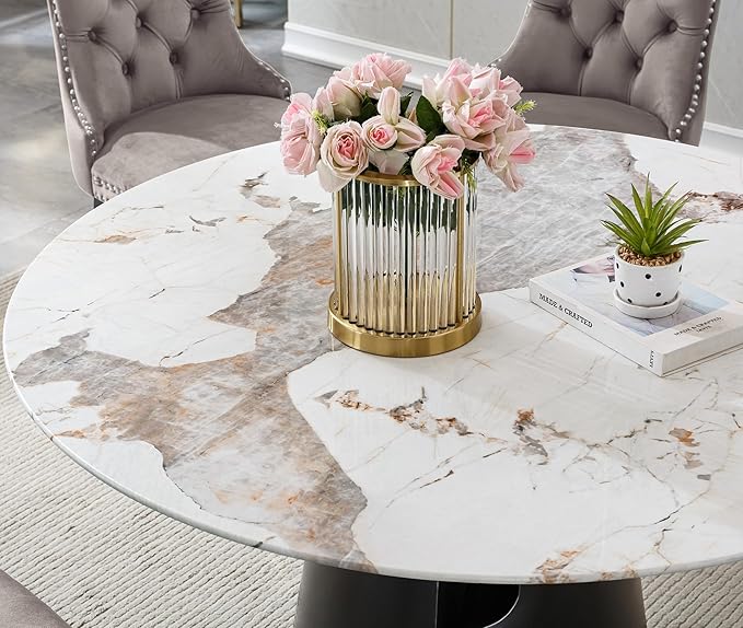 7-Piece Faux Marble Round Dining Table Set for 6, Modern Luxury Kitchen Table Set for 6 with Blue Tufted Chairs,Circle Dining Tables with Pandora Grain Top and Black Pedestal Base