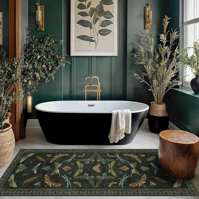 Insect 2x7 Stain Resistant Kitchen Runner Rugs, Vintage Bathroon Rug Non Skid, Low Pile & Soft Non Slip with Rubber Backed, Dark Green Boho Room Decor for Bedroom