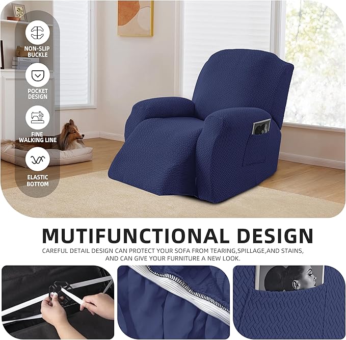 Genina Recliner Chair Covers, Stretch Reclining Chair Cover, Recliner Sofa Slipcovers Stripe Jacquard Lazy Couch Covers Furniture Protector Covers for Pet Kid (Navy Blue, 1 Seat)