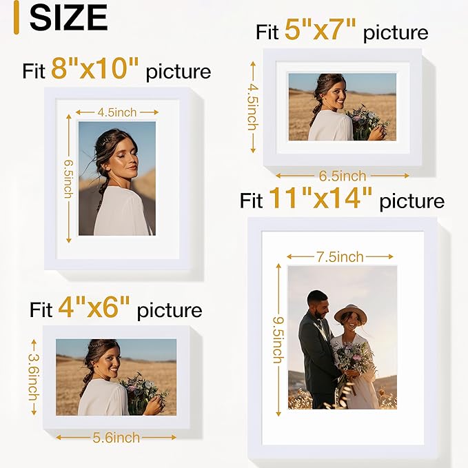 Vittanly Picture Frames Set of 16, Gallery Wall Frame Set with 2Pcs 11x14, 2Pcs 8x10, 6Pcs 5x7 and 6Pcs 4x6 Photo Frames, Picture Frames Collage Wall Decor for Wall or Tabletop Display, White