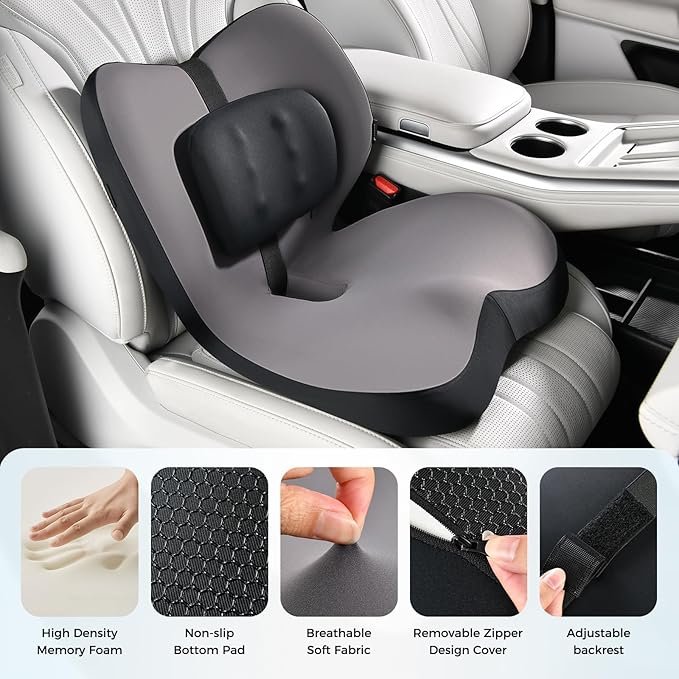 FLORICH 2 in1 Truck Seat Cushion and Lumbar Support Pillow Memory Foam Car Seat Cushion with Adjustable Strap for Truck Driver Long Drives, Fits Semi Truck Seat,Car,Office&Gaming Chair(Black)