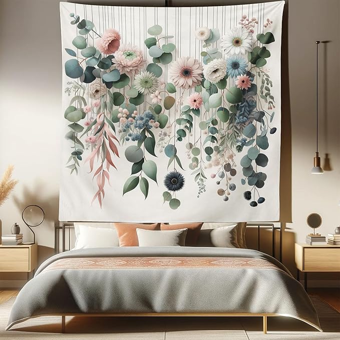 Ambesonne Flower Tapestry Queen Size, Modern Lines Leafy Eucalyptus Pattern with Tender Sunflower and Peony, Wall Hanging Bedspread Bed Cover Wall Decor, 88" X 88", Grey Teal Laurel Green