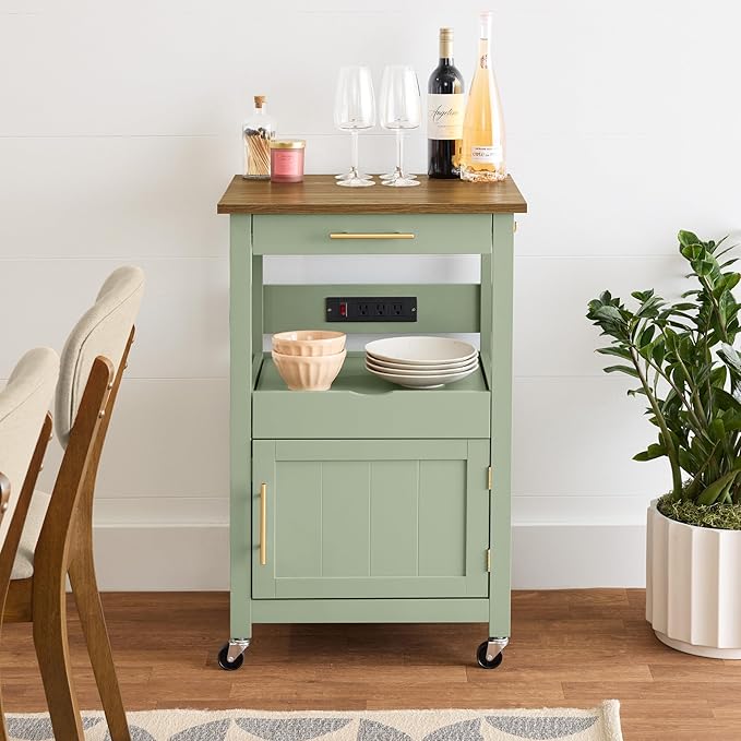 Best Choice Products Rolling Kitchen Island Cart, Single Door Cabinet W/Drawer, Sliding Tray, Outlet, Swivel Lockable Wheels, Hooks, Coffee Cart, Microwave Stand, for Dining Room - Pistachio Green