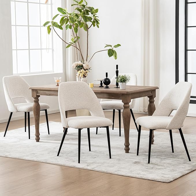 Rowill Boucle Dining Chairs Set of 6, Mordern Upholstered Fabric Dining Room Chairs, Kitchen Side Chairs with Metal Legs for Guest Reception Waiting Living Room, Beige