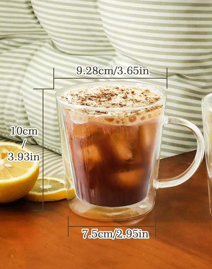 LIBWYS 12oz Double Wall Glass Coffee Mugs, Cappuccino Latte Tea Cups with Handle, Heat Resistant Borosilicate Insulated Clear Glasses (Set of 4)