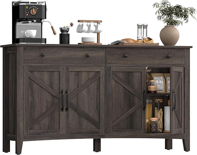 VASAGLE LIRY Collection - Buffet Cabinet, Coffee Bar Cabinet with 2 Drawers, Adjustable Shelves, Sideboard Storage with Cable Holes, Drawer Dividers, Taupe Brown UBBK381TA01S