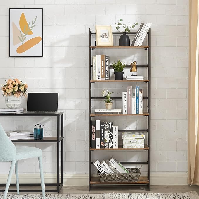 VECELO Folding Bookshelf 5-Tier,Industrial Metal Frame & Wood Shelves,Foldable Bookcase Easy Assembly Free Standing Tall Storage Organizer for Living Room,Office,Bedroom
