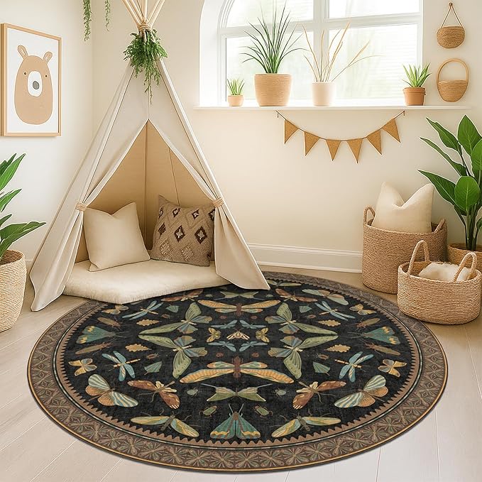 Washable Black 6ft Round Area Rugs for Bedroom Beside Bed - Dark Unique Insect Print Circle Rug for Living Room, Dining Room, Vintage Nature Insect Design, Low Pile & Soft