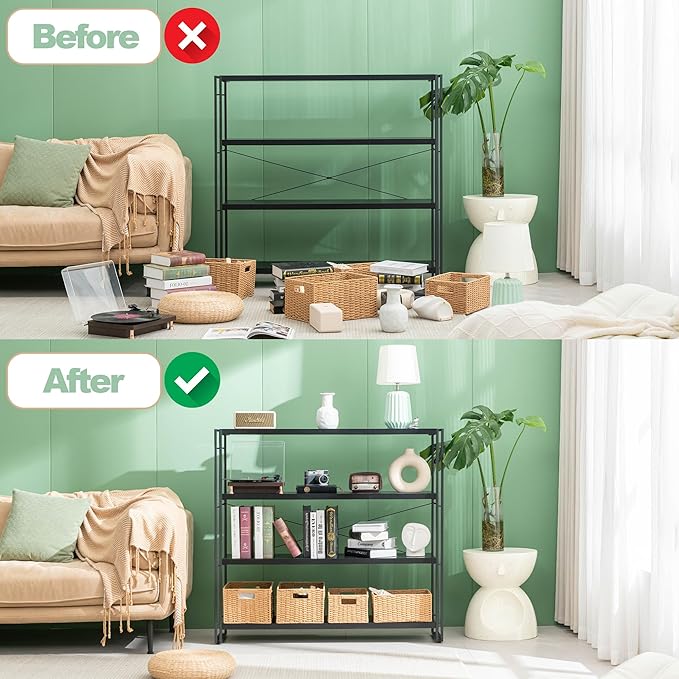 HCHQHS Bookshelf, 4-Tier Industrial Bookcase, Black Open Book Shelf, Freestanding Tall Bookshelves with Metal Frame