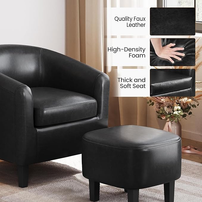 Yaheetech Accent Chair with Ottoman Foot Rest, PU Leather Mid Century Modern Upholstered Soft Barrel Chair Comfy Armchair and Footrest Set for Living Room/Bedroom/Reading Room, Set of 2, Black