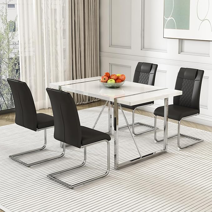 Modern Rectangular Dining Table Set, 55" Dinner Table with 4 PU Leather Upholstered Chairs for Kitchen or Dining Room