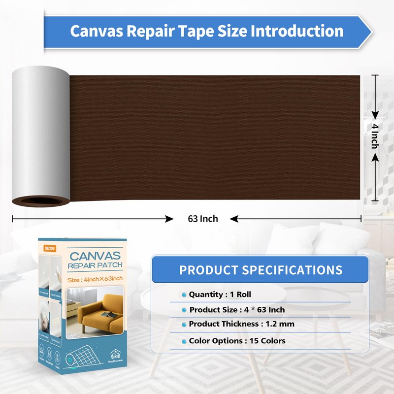 KING MOUNTAIN Canvas Repair Tape,Outdoor Gear Patch, 4×63 Inches,Waterproof,Self-Adhesive for Repairing Boat Covers,Sun Shades,Sofas,Tents,Lounge Chairs,Awnings (Dark Brown)