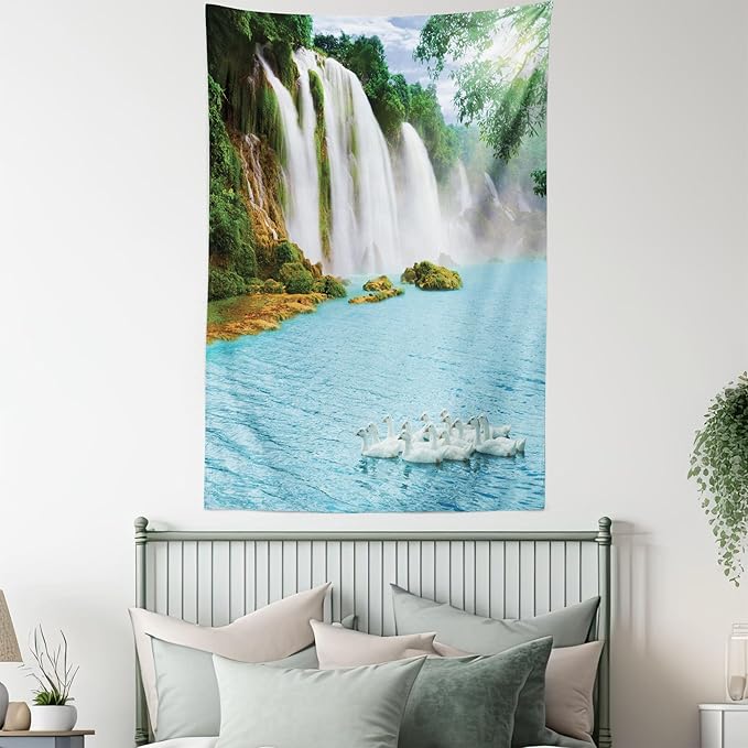 Ambesonne Waterfall Tapestry, Image of a Grand Waterfall with Swans in the Lake Sunny Day Nature Print, Fabric Wall Hanging Decor for Bedroom Living Room Dorm, 30" X 45", White Green