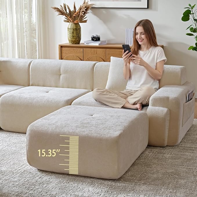 LIDYUK 118" Modern L-Shaped Boneless Couch Modular Sectional Sofa for Living Room, Chenille Upholstery Beige, Oversized 3-Seater Sectional Couch with Deep Seat and Movable Ottoman, No Assembly
