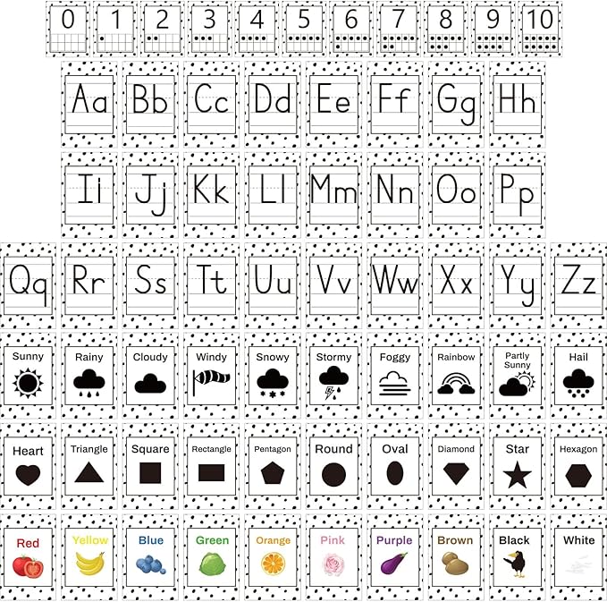 67 PCS Classroom Alphabet Number Educational Poster Cards with Weather Shape Color Learning Cards Decorations, Black and White Polka Dot Bulletin Board Letter, School Home Wall Decor for Teacher
