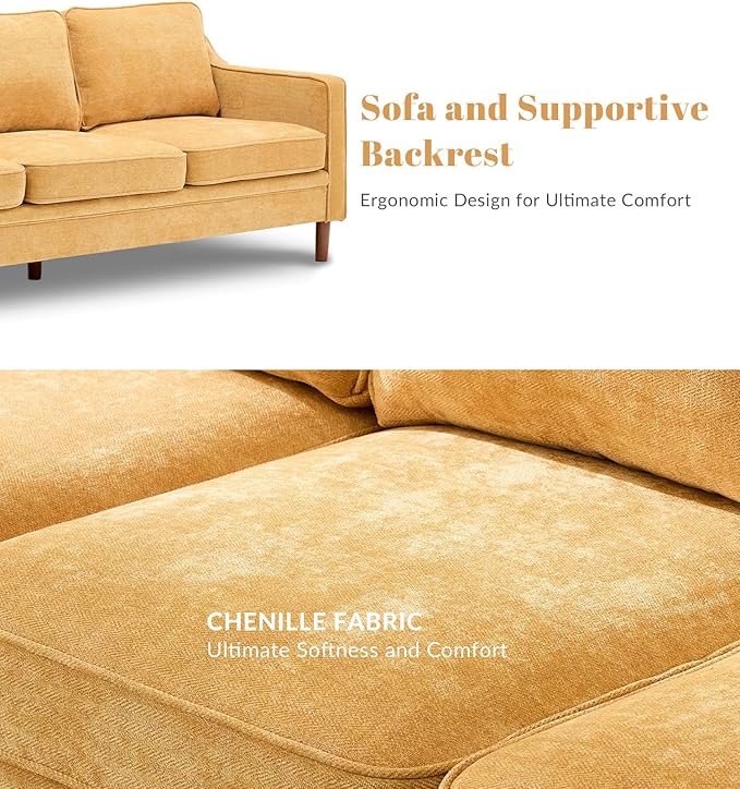 Kingfun 80" Chenille Sofa, 3 Seater Couch, Mid Century Modern Couches with Solid Wood Frame for Living Room & Bedroom, Yellow