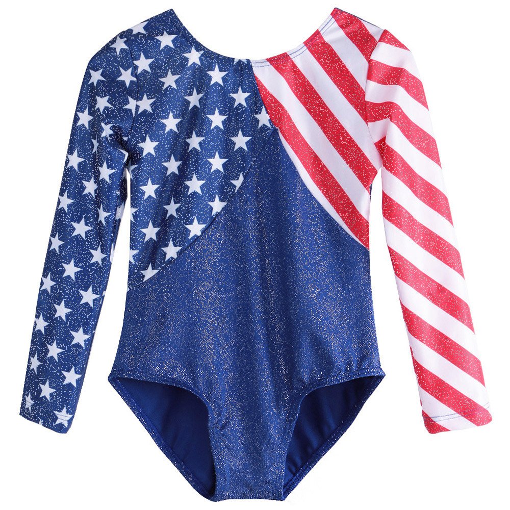 TFJH E Girls Gymnastics Leotards Long Sleeve Red Stripe Flag Star 10A