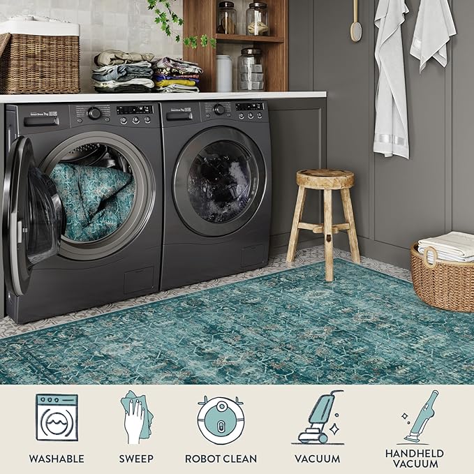 Lahome Vintage 5x7 Washable Blue Rugs for Living Room Bedroom, Soft Dining Room Rugs for Under Table, Non Slip Indoor Throw Carpet for Entryway Kitchen Office (5x7ft,Blue)