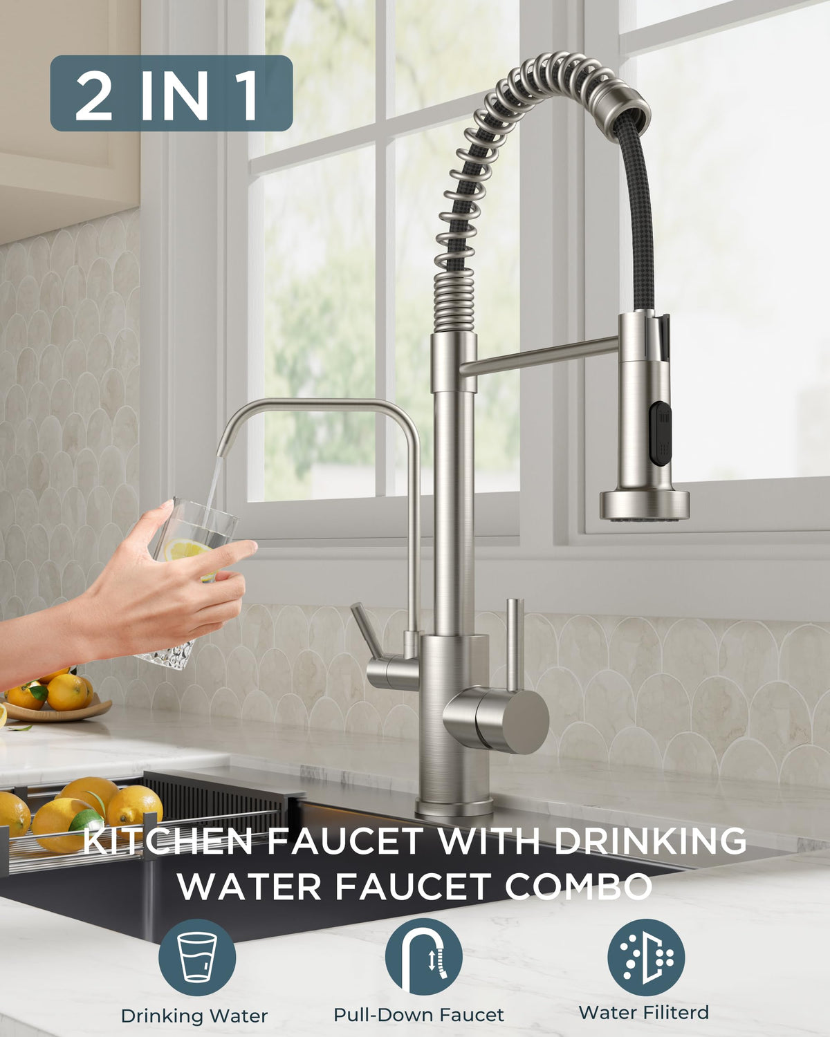 FORIOUS Kitchen Faucet with Purfied Water Filter, 2 in 1 Commercial Stainless Steel Pull Down Sink Faucet and Drinking Water Faucet 2 Handle for Pot Filler Kitchen Sink Farmhouse Bar, Brushed Nickel