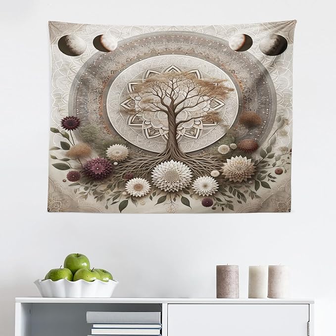 Ambesonne Moon Tapestry, Ethno Mandal Featuring Gentle Vines of Tree of Life and Flowers Boho Luna, Fabric Wall Hanging Decor for Bedroom Living Room Dorm, 28" X 23", Pale Mustard Eggplant