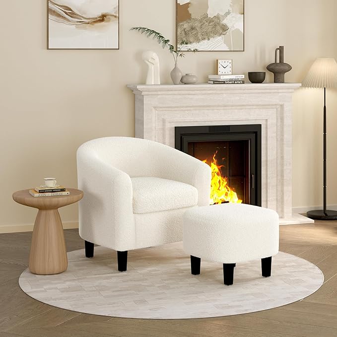 Yaheetech Accent Chair and Ottoman Set, Mid Century Boucle Fabric Barrel Chair and Comfy Fabric Footrest for Living Room/Bedroom/Reading Room, Ivory, 2 PCS
