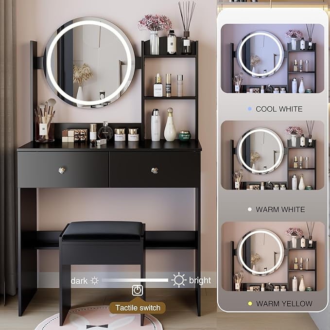 31.5" Small Vanity Desk with Mirror and Lights, Makeup Table with Led Lights, 3 Lighting Colors, Vanity Set with 2 Drawers and Stool for Small Space Bedroom, Black