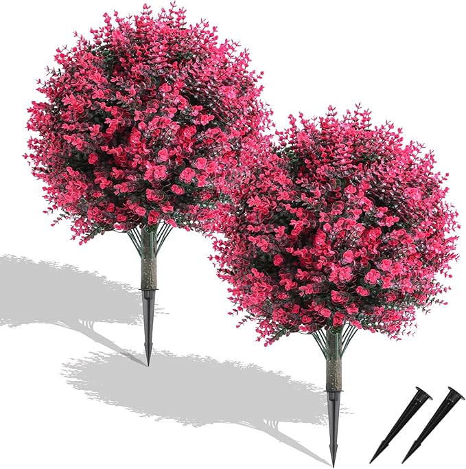 24" Set of 2 Artificial Boxwood Topiary Ball Bush for Outdoor with Ground Spike, UV Resistant Faux Greenery Shrubs, Fake Rose&Green Boxwood Plants for Garden, Yard, Porch, Patio Decor