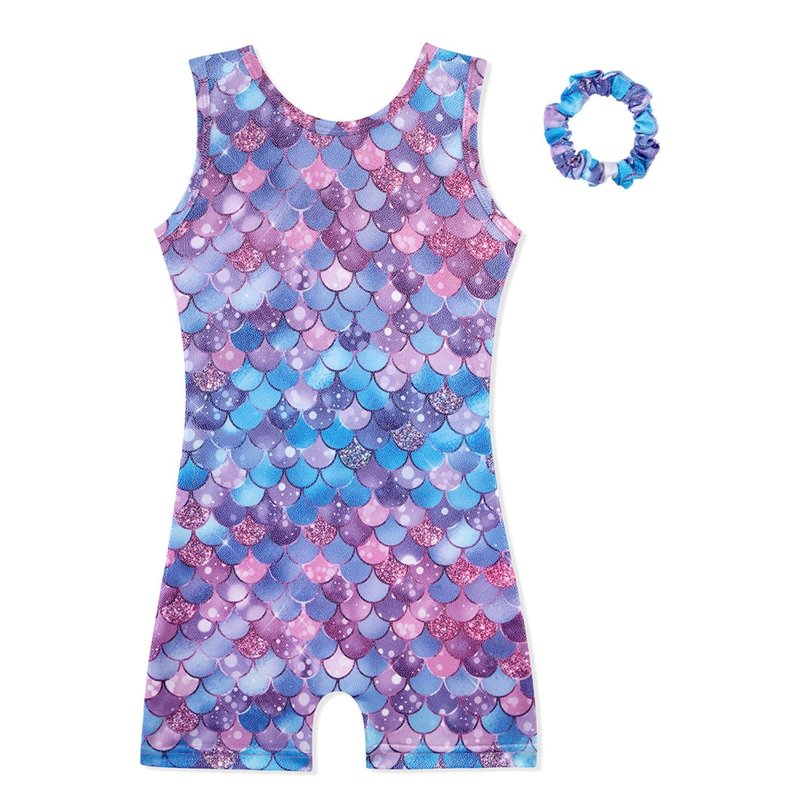 HOZIY Leotards for Girls 7/8 Years Old Kids Criss Cross Back Gymnastics Sparkly Biketards Tumbling Unitards Outfits Activewear Blue Purple Mermaid with Scrunchie