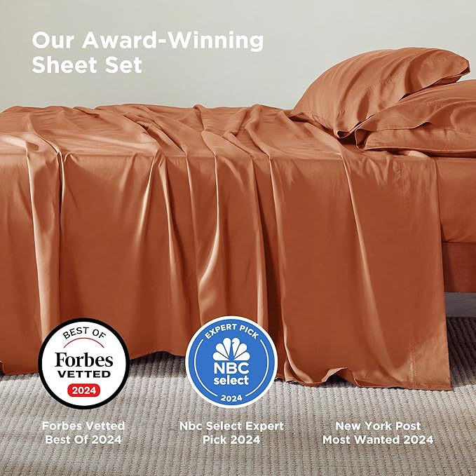 Bedsure Queen Sheet Set, Rayon Derived from Bamboo, Cooling Sheets, Breathable & Soft, Deep Pocket Up to 16 Inches, Hotel Luxury Silky Bedding for Hot Sleepers, Burnt Orange