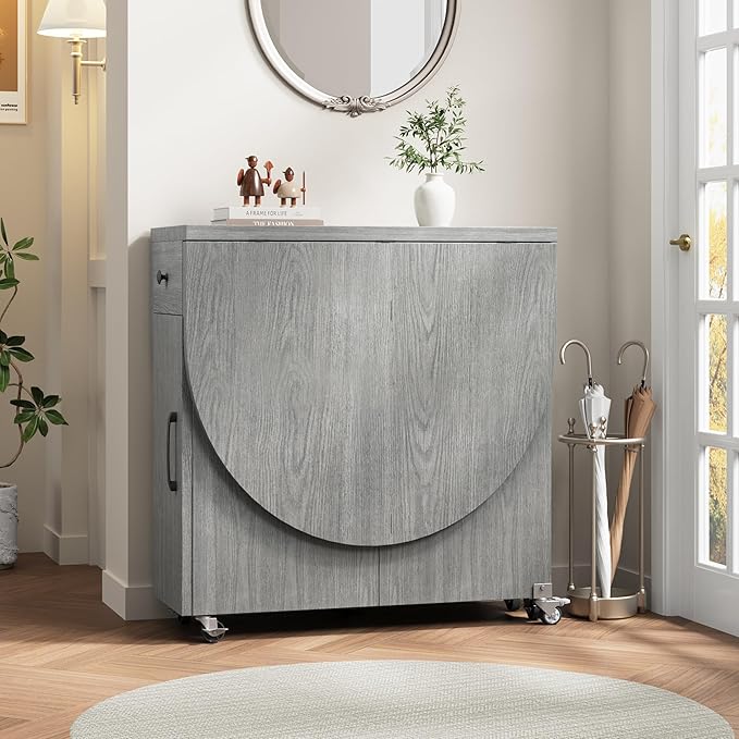 Folding Dining Table for 4 Kitchen Dining Room DinnerTable with Storage Drawer Space Saving Oval Foldable Drop Leaf Gateleg Furniture for Small Space (Grey, 47 * 23.6 * 30)