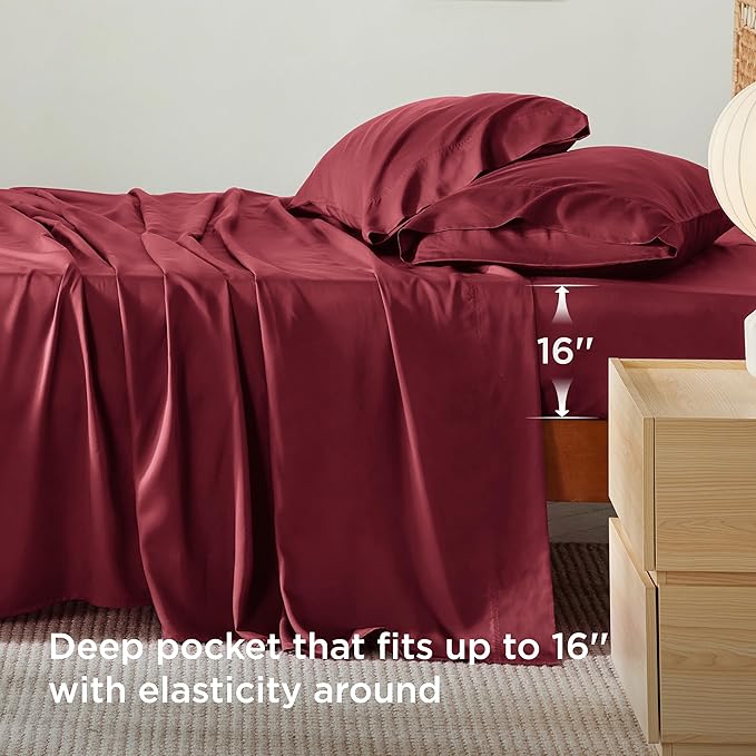 Bedsure King Size Sheets Set, Cooling Sheets for Hot Sleepers, Rayon Derived from Bamboo, Breathable & Soft, Deep Pocket Up to 16 Inches, Hotel Luxury Silky Bedding, Burgundy