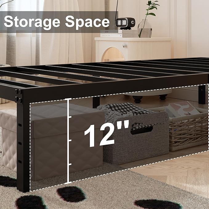 Bed Frame Queen Size with White Fabric Cover 14 Inch, Heavy Duty Metal Queen Bed Frame, No Box Spring Needed, Support Up to 3000 lbs, Easy Assembly, Noise Free, Black