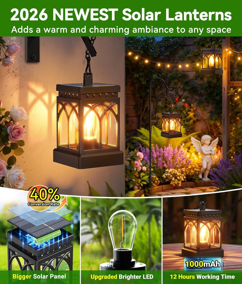 KOOPER 4 Pack Solar Lanterns Outdoor Waterproof, Brighter Hanging Solar Lantern Lights for Outside, Auto ON/Off Lanterns Decorative Outdoor for Garden Table Yard Path Tree Patio Lawn Decor, Gifts