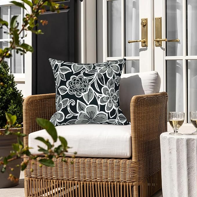 LVTXIII Outdoor Throw Pillows, Decorative Throw Pillows with Inserts, 16"x16" Square Pillows for Bed, Couch, Sofa and Patio Furniture, Set of 2, Flower Black