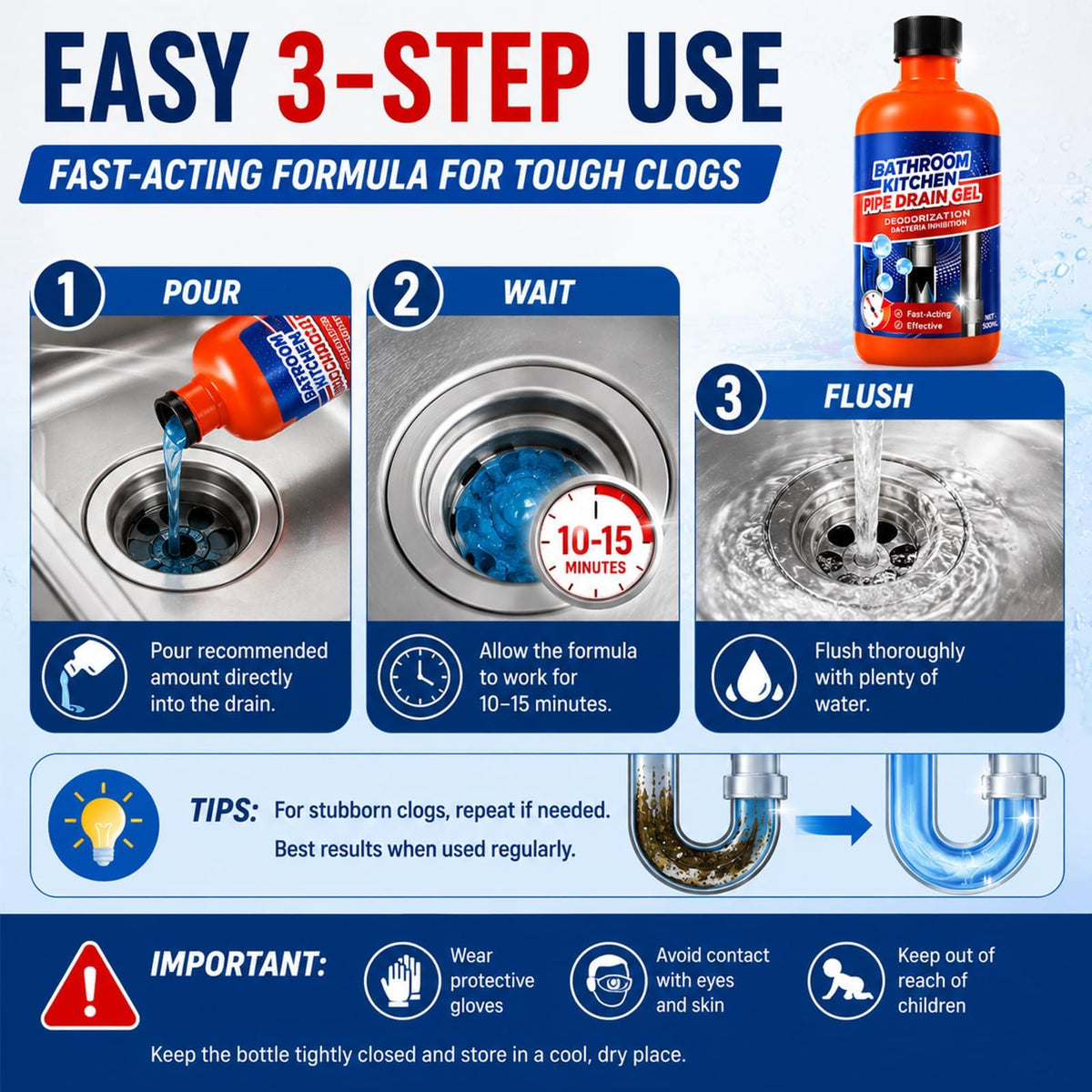 Drain Clog Remover, Drain Clog Dissolver, Opener-Cleaner, Toilet Clog Remover-Professional Strength Liquid Pipe Build Up Remover (2 pcs)