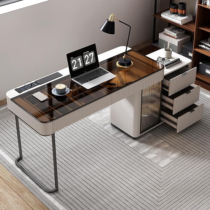 Lartis Office Desk, Very Easy to Assemble, Computer Desk, Home Telescopic Writing Desk, Modern Computer Desk with Retractable Cabinet Built-in LED Lights (Ivory, 47 in)