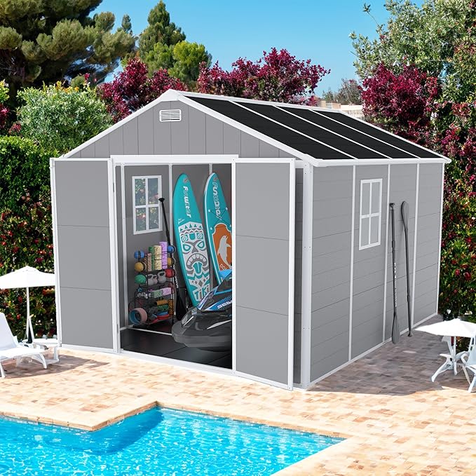 8' x 8' Resin Storage Shed Outdoor, PP Material & Strong Structure for All Weather, Plastic Garden Shed w/Window for Garden, Backyard, Poolside and Lawn, 12mm Thick PP Board - Grey