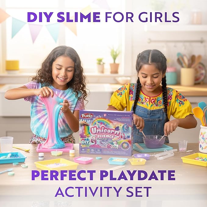 Playz Unicorn Slime & Crystals 100+ Science Experiments Kit Gift for Girls & Boys to Make Glow in The Dark Unicorn Poop, Snot, Fluffy Slime, Crystals, Putty, Arts & Crafts for Kids Age 8-12