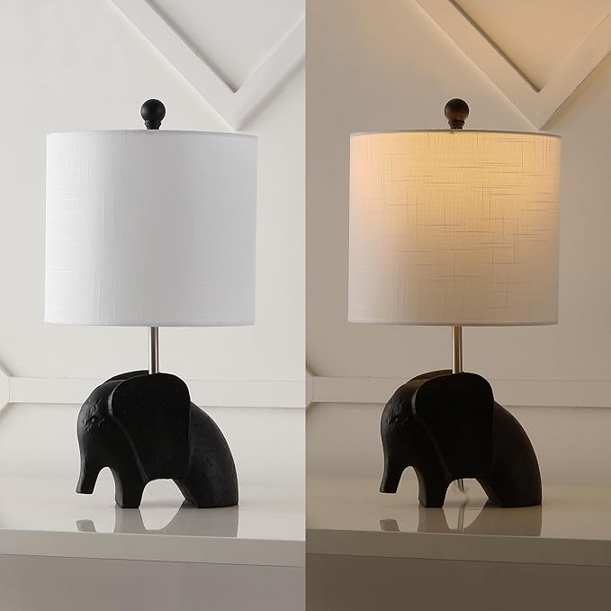 JONATHAN Y 17.5" Black Elephant Kids Table Lamp, Whimsical Resin Bedside Lamp with White Linen Drum Shade for Bedroom Playroom Nursery, LED Bulb Included, UL Listed JYL1143A
