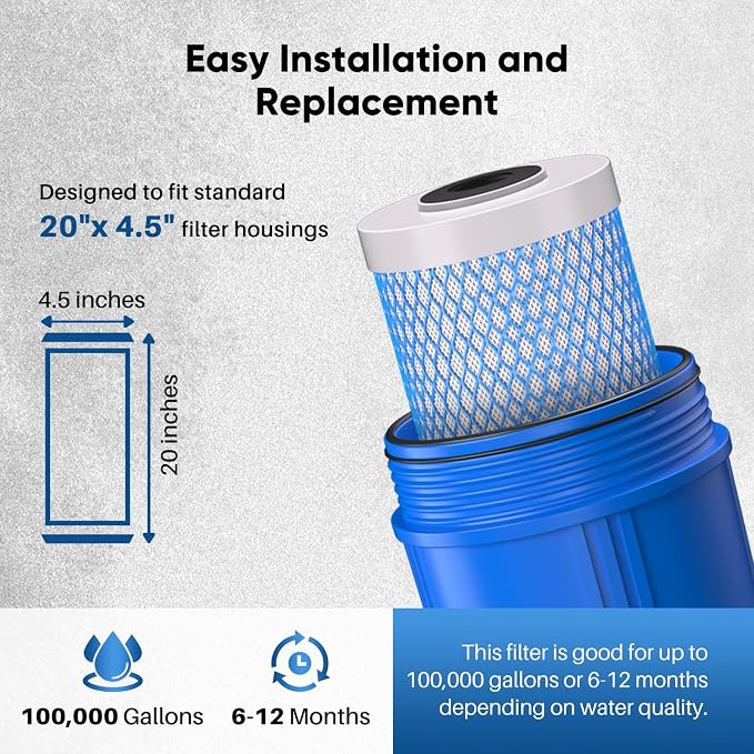 PUREPLUS 20" x 4.5" Whole House Activated Carbon Water Filter, Enhanced Lead