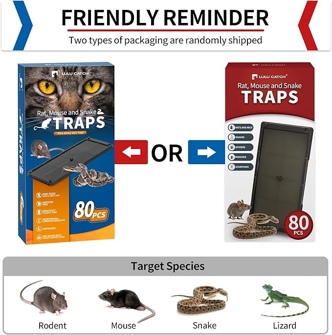 LULUCATCH Sticky Mouse Trap, 80 Pack Large Glue Traps, Pre-Baited Heavy Duty Non-Toxic Bulk Glue Boards Mouse Traps Indoor for Mice, Snakes, Rat, Insects, Cockroaches & Spiders, Pet Safe Easy to Use