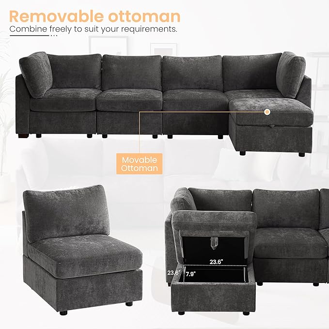 TEKAMON 123" Modular Sectional Sofa with Ottoman,Extra Large Comfy Cloud 4-Seat Deep Seat, Reversible Chaise Modular Sectional Couches for Living Room and Apartmenr,Grey