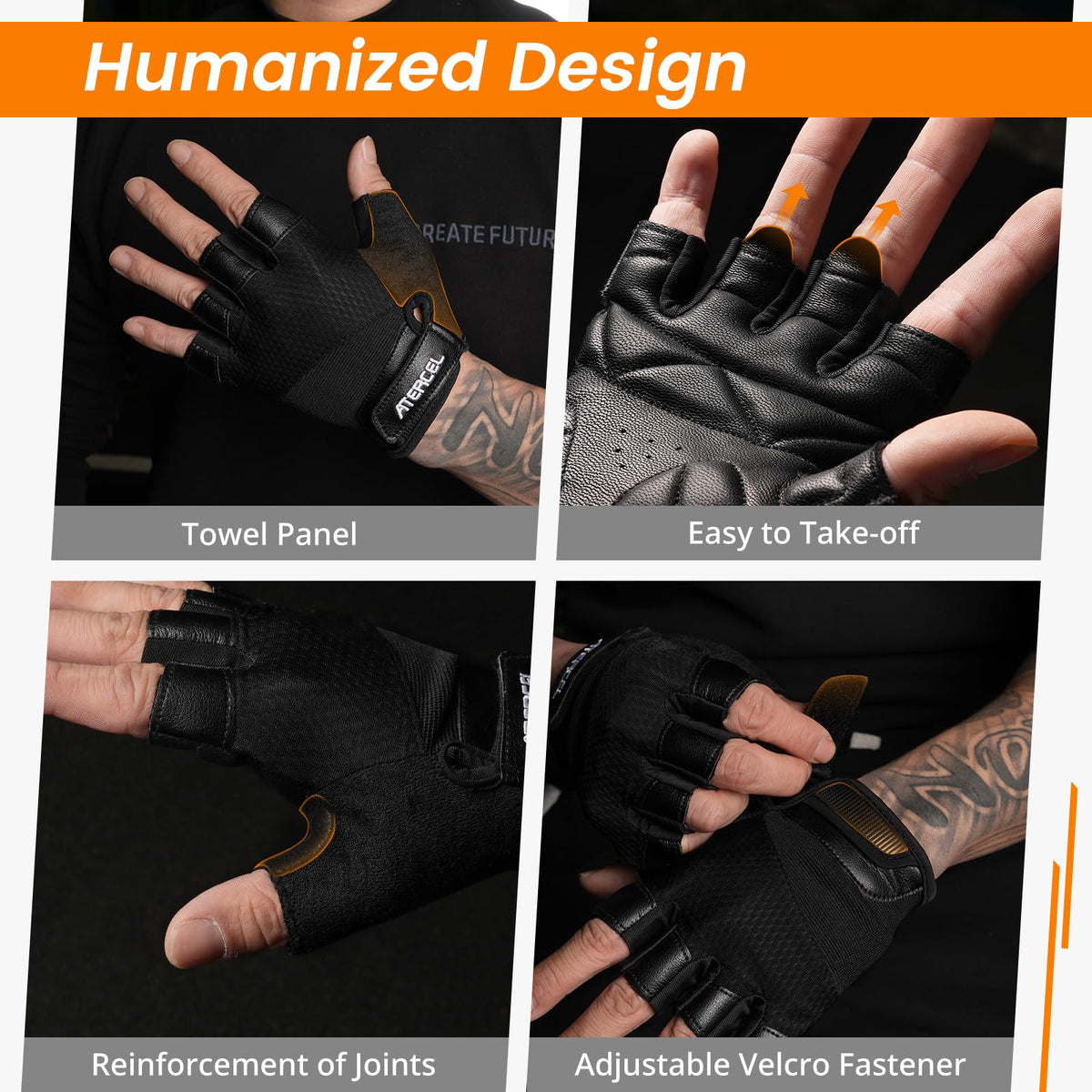 ATERCEL Premium Leather Workout Gloves for Men and Women, Suitable for Weightlifting, Gym, Cycling (Black, Large)