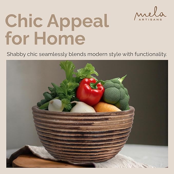 Mela Artisans Wooden Fruit Bowl | Dark Burnt Finish | 9” Decorative Mango Wood Serving Bowl | Multipurpose for Kitchen Countertop | Salad | Snacks | Fruit | Breads & More | Natural Grain Look
